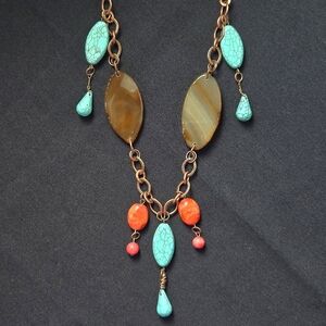 3/10$ - Handmade Orange/Turquoise Bead Necklace, 30" Copper Chain 3" Drop